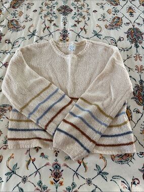 Blue Rain Cream Crewneck Sweater with Multi-Color Stripes